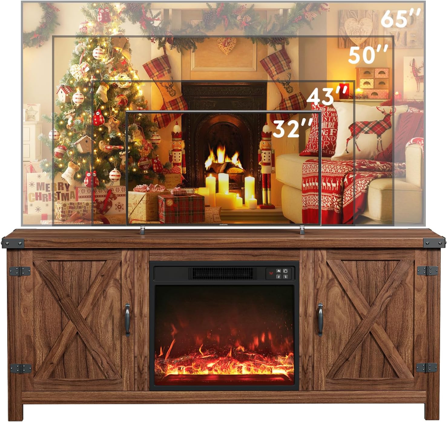 YESHOMY tv-meubel met open haard en twee schuifdeuren, opbergkasten voor tv's tot 65 inch en groter, entertainmentmeubel, mediameubel voor de woonkamer, 58 inch 