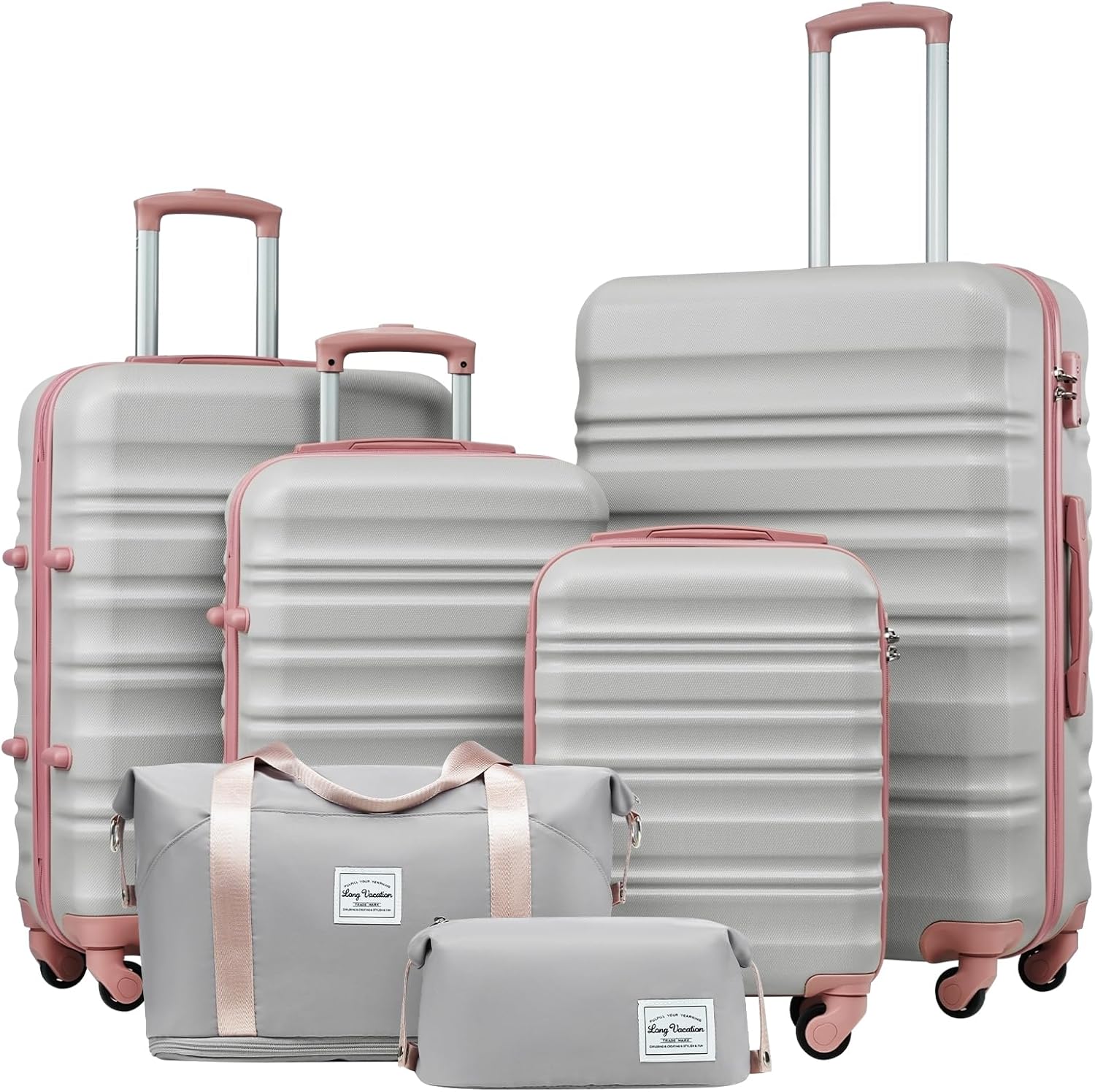 Ensemble de bagages LONG VACANCES 6 pièces : valise cabine rigide en ABS et PC, roulettes pivotantes et fermeture éclair YKK, cadenas TSA