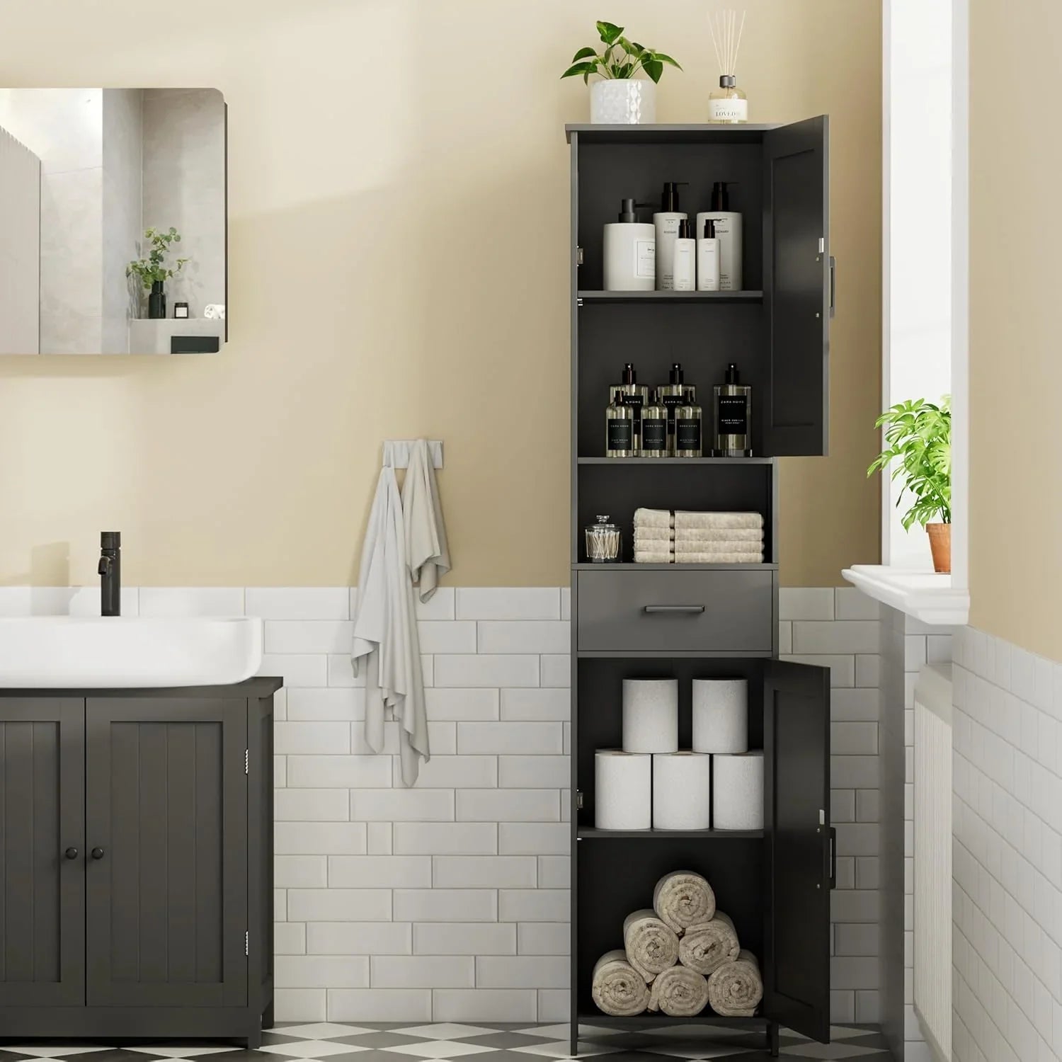 Meuble de rangement de salle de bain Homhedy de 67 po de hauteur avec 2 portes de grange et 1 tiroir