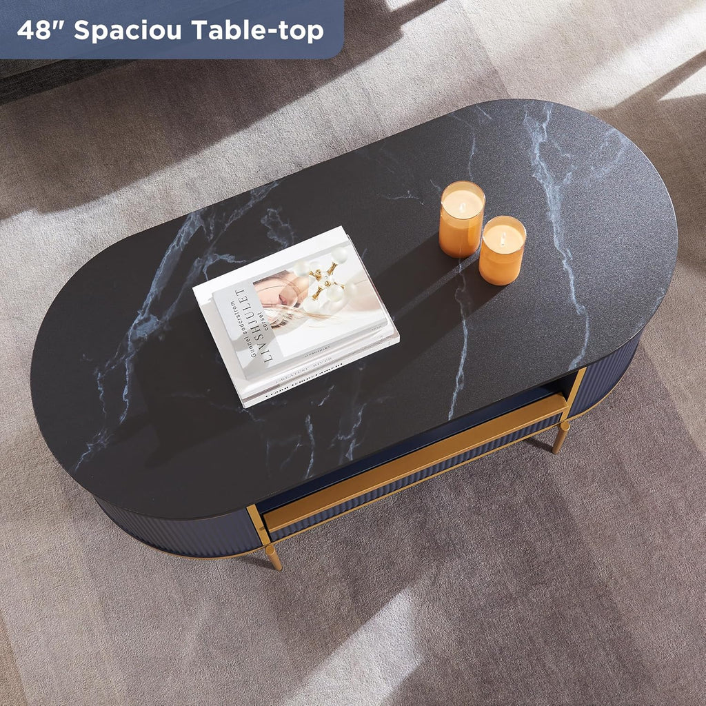 Table basse ovale de luxe moderne rainurée OKD, 48 pouces, avec tiroirs, plateau en imitation marbre