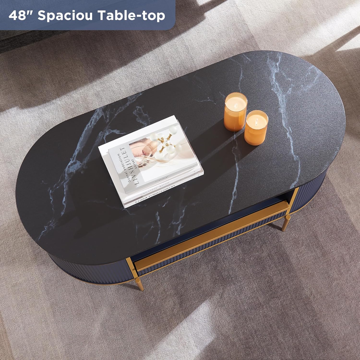 Table basse ovale de luxe moderne rainurée OKD, 48 pouces, avec tiroirs, plateau en imitation marbre