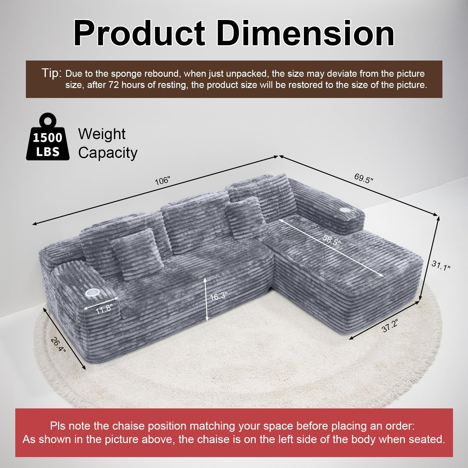 Cloud section sofa with L-shaped recliner, modern modular sofa, built-in cup holder