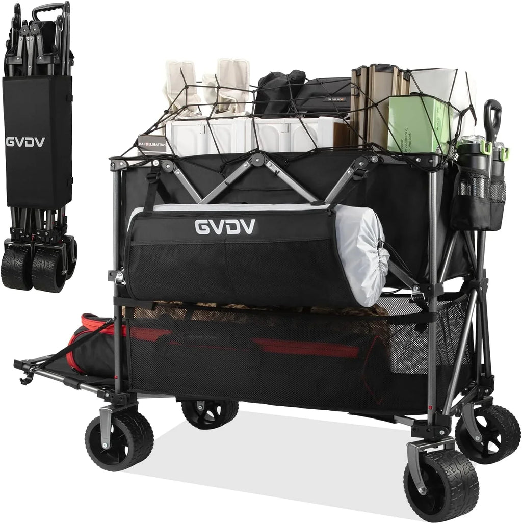 Chariot à deux étages, capacité de 500 lb, chariot pliable de 400 litres, roues tout-terrain, chariot extensible extra-long de 46 po, chariot pliable