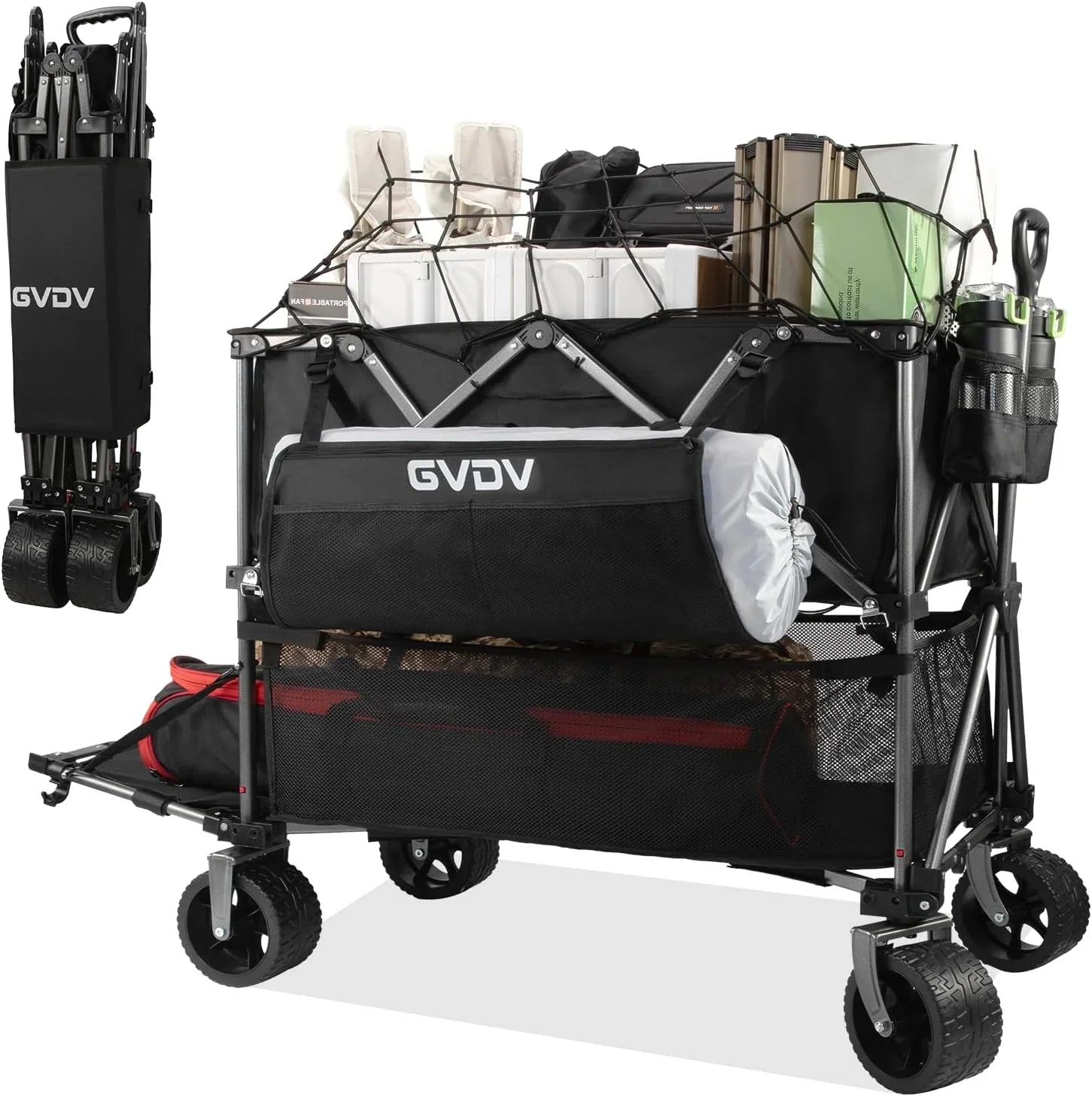 Chariot à deux étages, capacité de 500 lb, chariot pliable de 400 litres, roues tout-terrain, chariot extensible extra-long de 46 po, chariot pliable