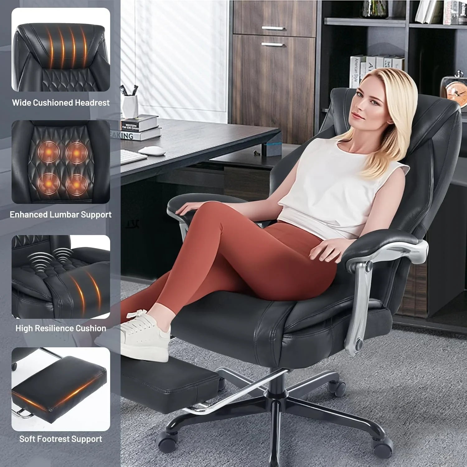 Fauteuil de bureau massant avec chauffage et repose-pieds Fauteuil de bureau ergonomique inclinable pour cadres