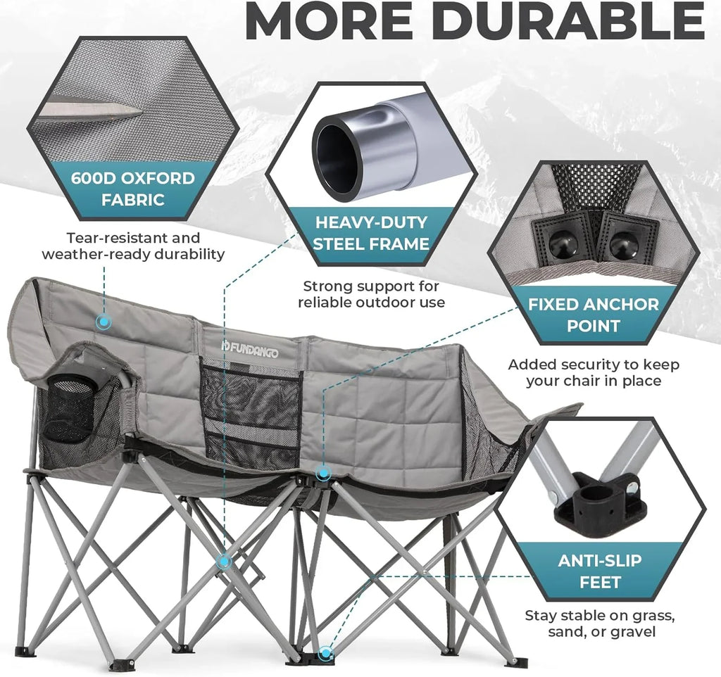 Chaise de camping double avec glacière Chaise de camping pliante extra large pour 3 personnes avec capacité de charge de 1 000 livres