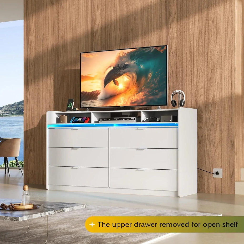 Commode LED à 9 tiroirs pour chambre à coucher, 148 cm de large, organiseur de rangement en bois avec prise électrique