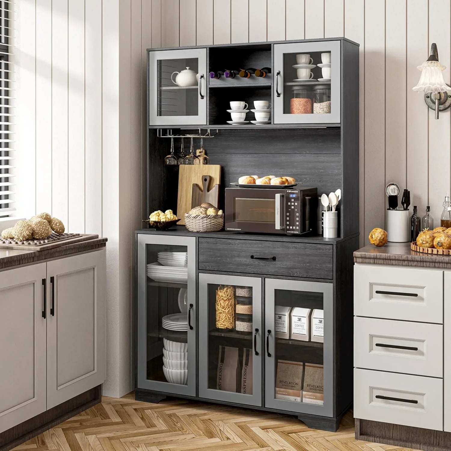 Armoire de garde-manger de 180 cm de haut avec portes vitrées