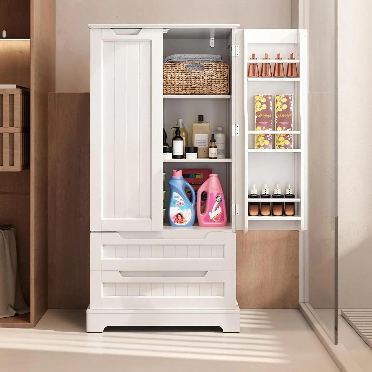 Armoire de rangement de cuisine Gizoon avec tiroirs, armoire de rangement de salle de bain autonome avec portes et étagères, petite armoire de garde-manger de 47 pouces