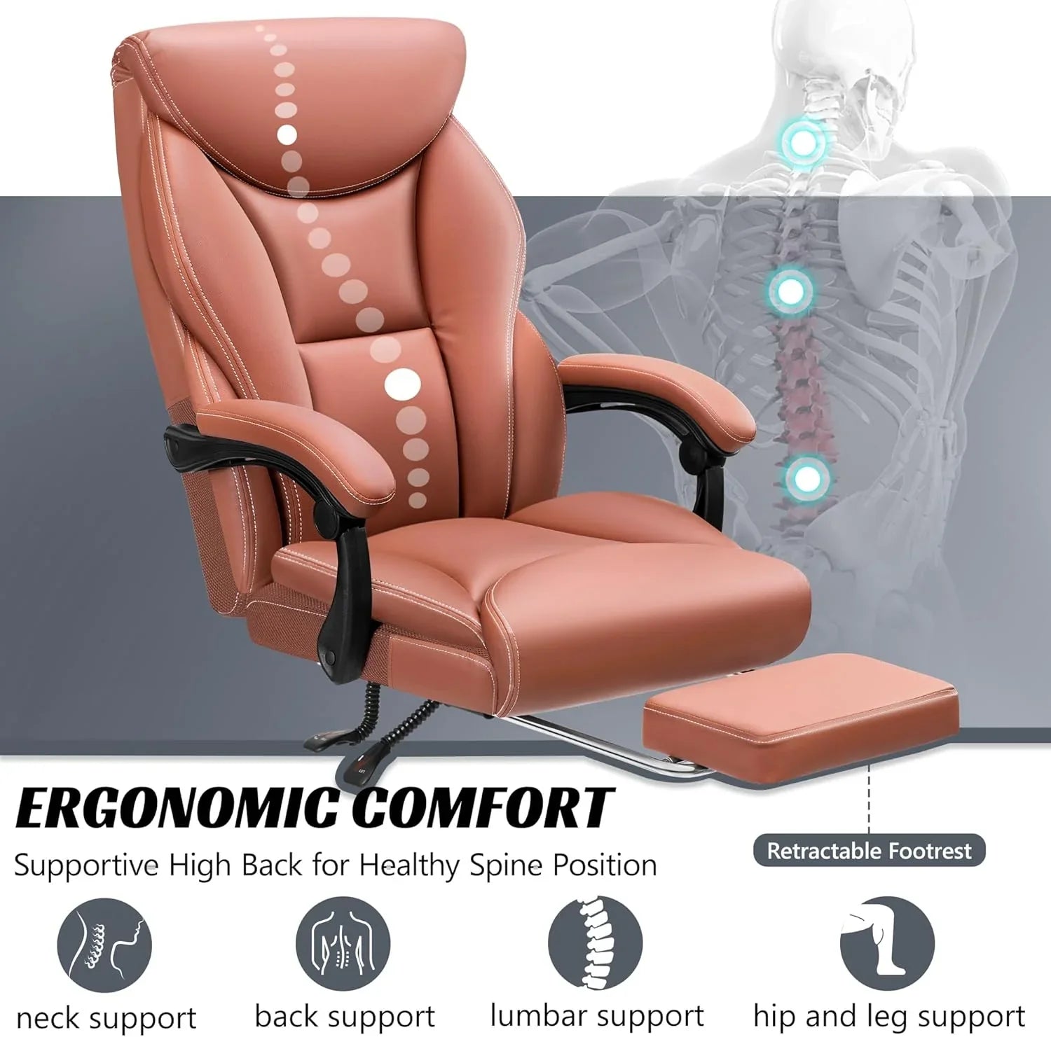 Chaise de bureau pivotante à pieds hauts, en cuir respirant, avec support lombaire
