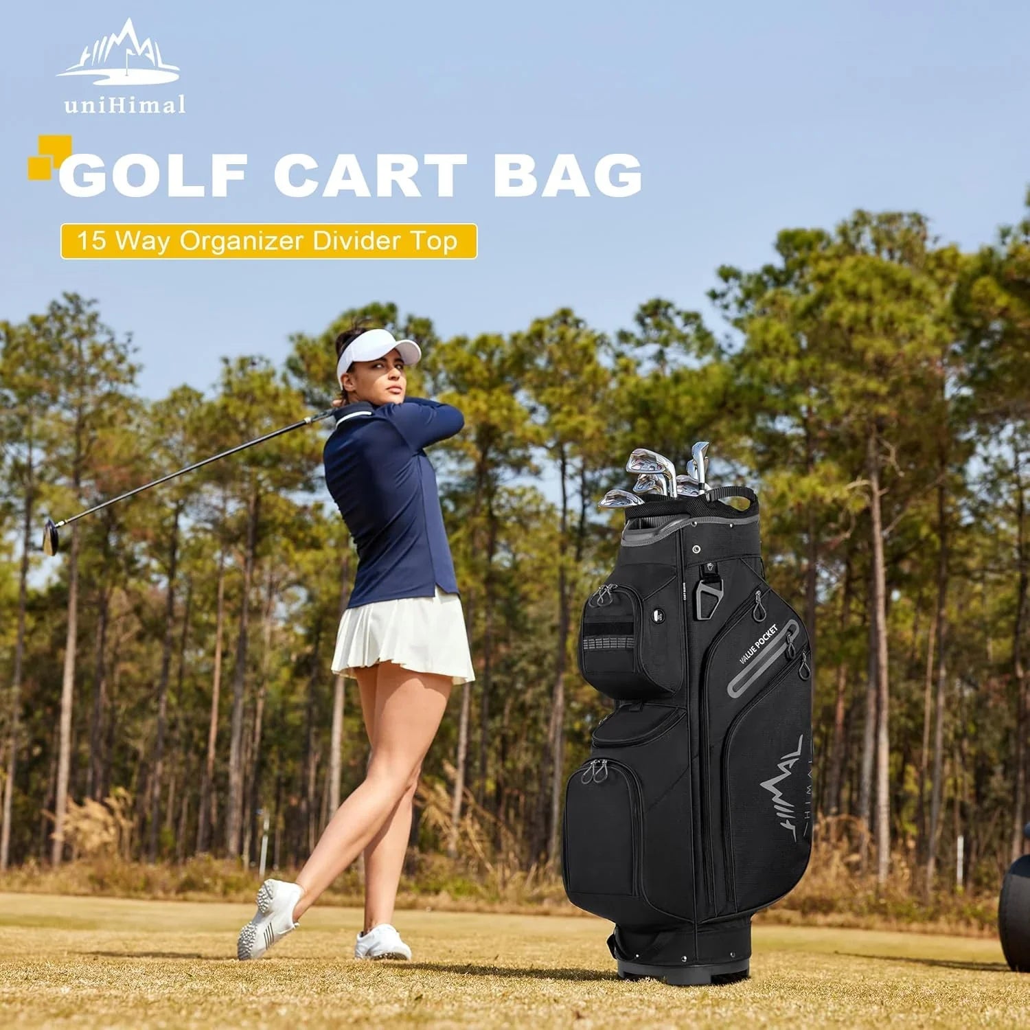 Sac de chariot de golf, organiseur à 15 compartiments, compartiment supérieur avec poignées et housse de pluie