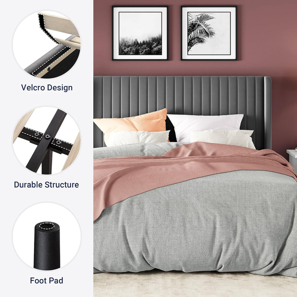 Cadre de lit Allewie en velours pleine grandeur/tête de lit capitonnée à oreilles verticales/lit plateforme rembourré/lattes en bois robustes