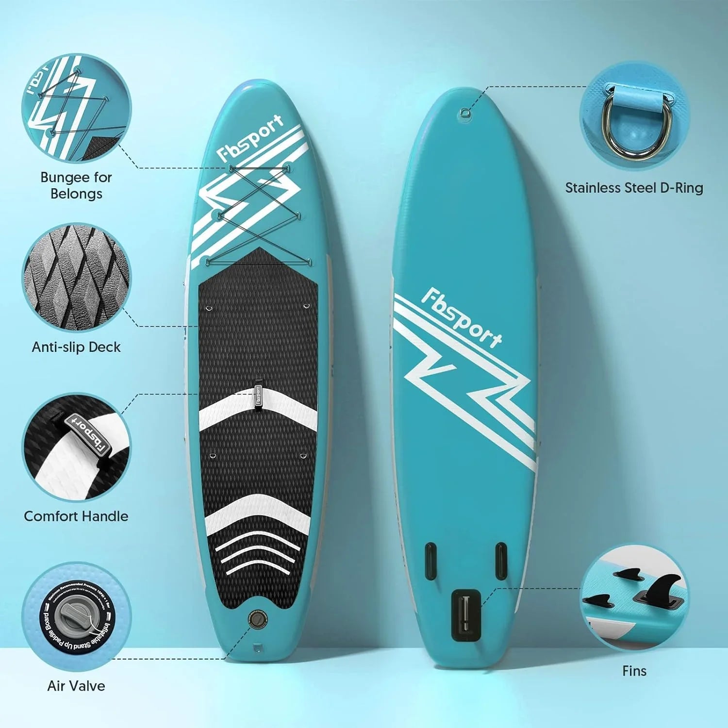 Planche de stand up paddle FBSPORT Premium 11', planche de yoga, contrôle du surf, pont antidérapant, attache, pagaie et pompe
