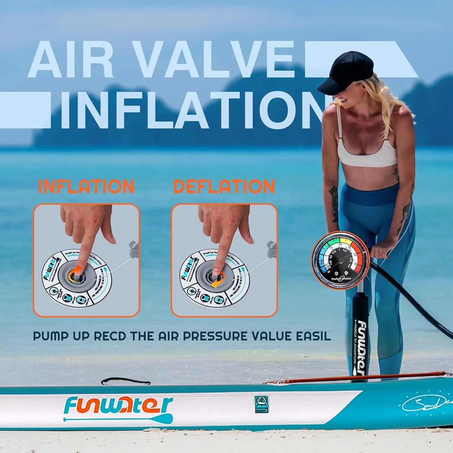 Planche de stand up paddle gonflable FunWater avec accessoires de pagaie SUP haut de gamme, pont EVA antidérapant, pagaie 11'/10'6'