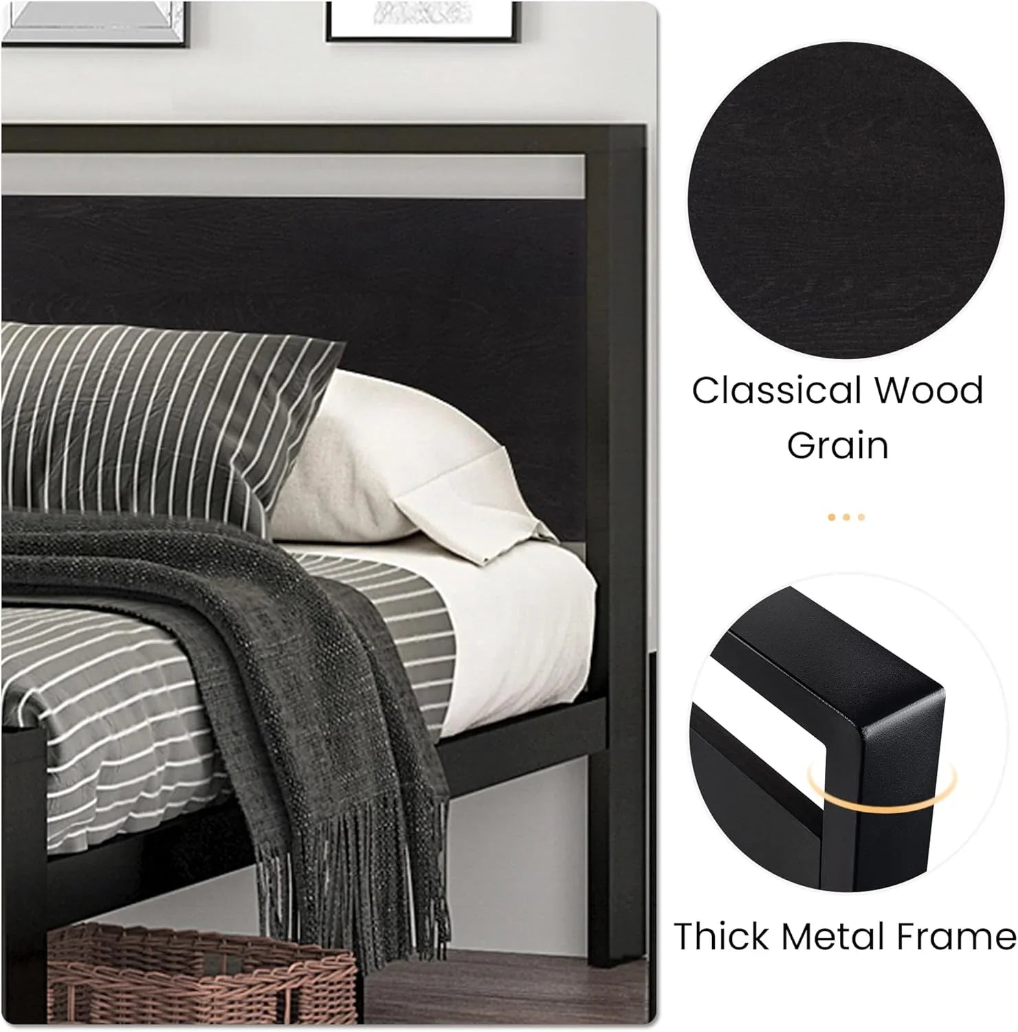 Cadre de lit plateforme en métal Sha Cerlin 14 pouces, antidérapant et silencieux, acajou