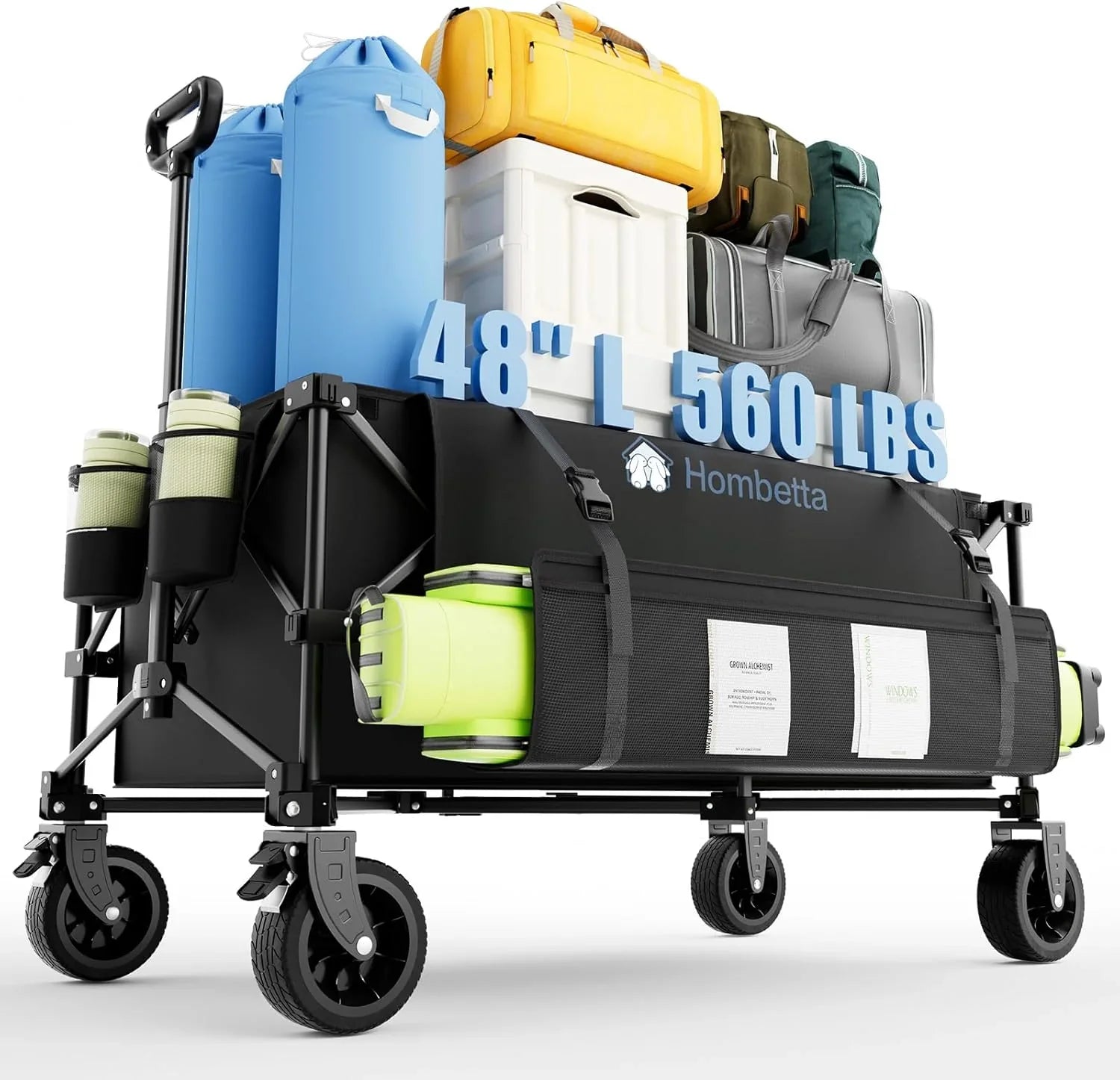 Chariot de voyage pliable extra large de 48 pouces, capacité de 254 kg, chariot utilitaire robuste de 350 L avec freins et roues tout-terrain.