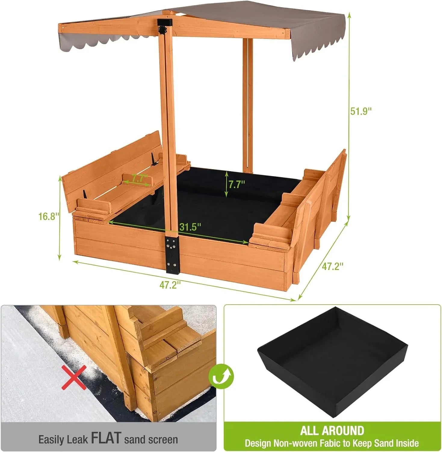 Bac à sable extérieur en bois pour enfants avec auvent, 2 bancs pliants, toit rétractable et pare-sable