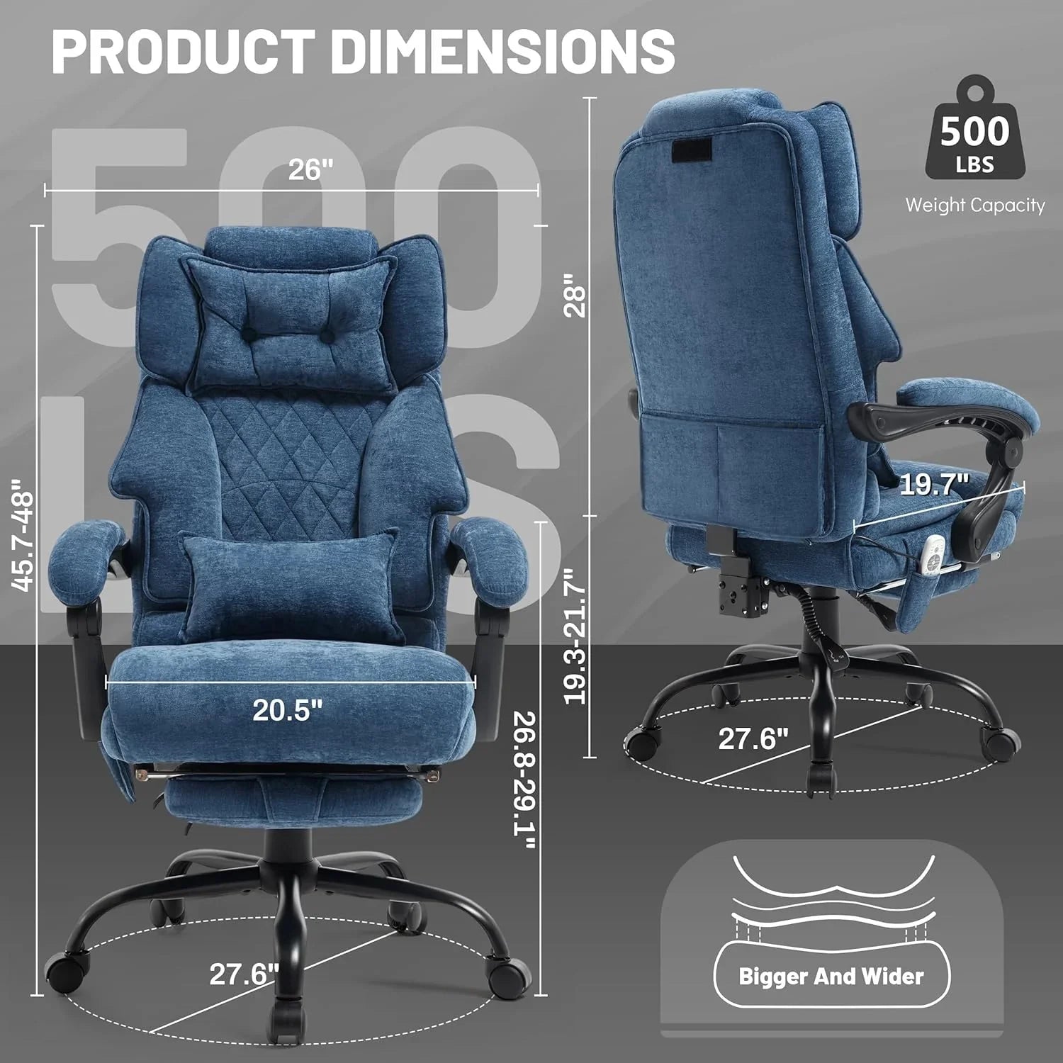 Chaise de bureau de massage avec repose-pieds, grande et haute chaise de bureau en cuir 500 lb