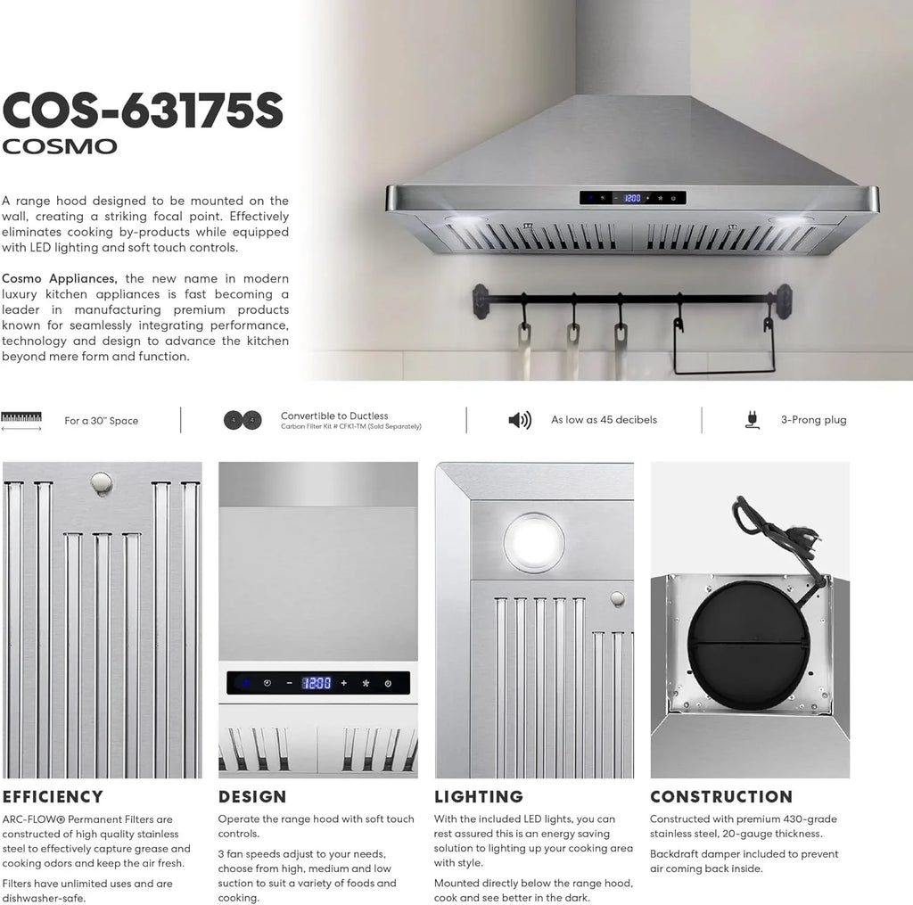 Hotte de cuisinière murale à conduit COSMO Vista Series 30 po 380 pi³/min
