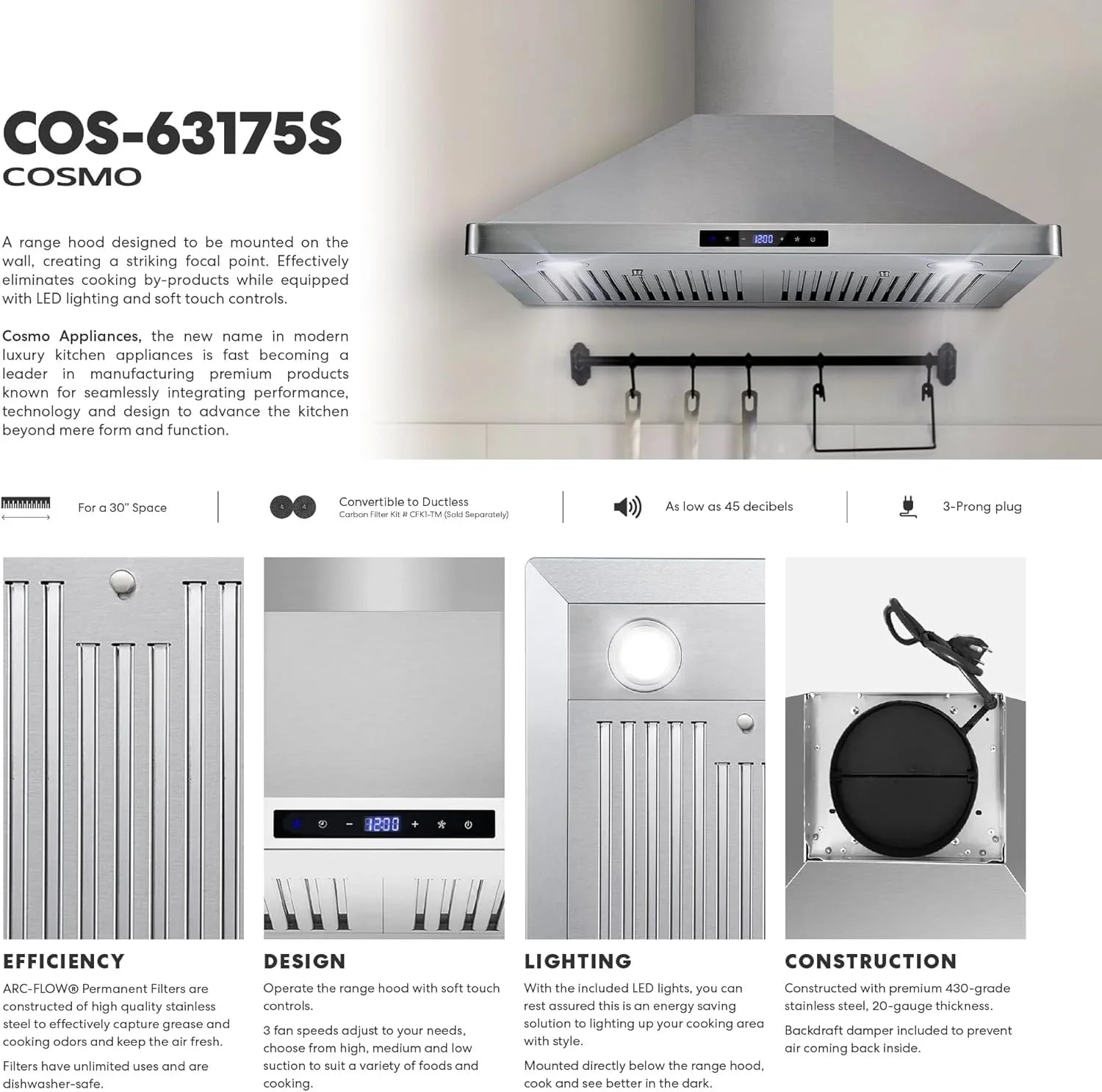 Hotte de cuisinière murale à conduit COSMO Vista Series 30 po 380 pi³/min