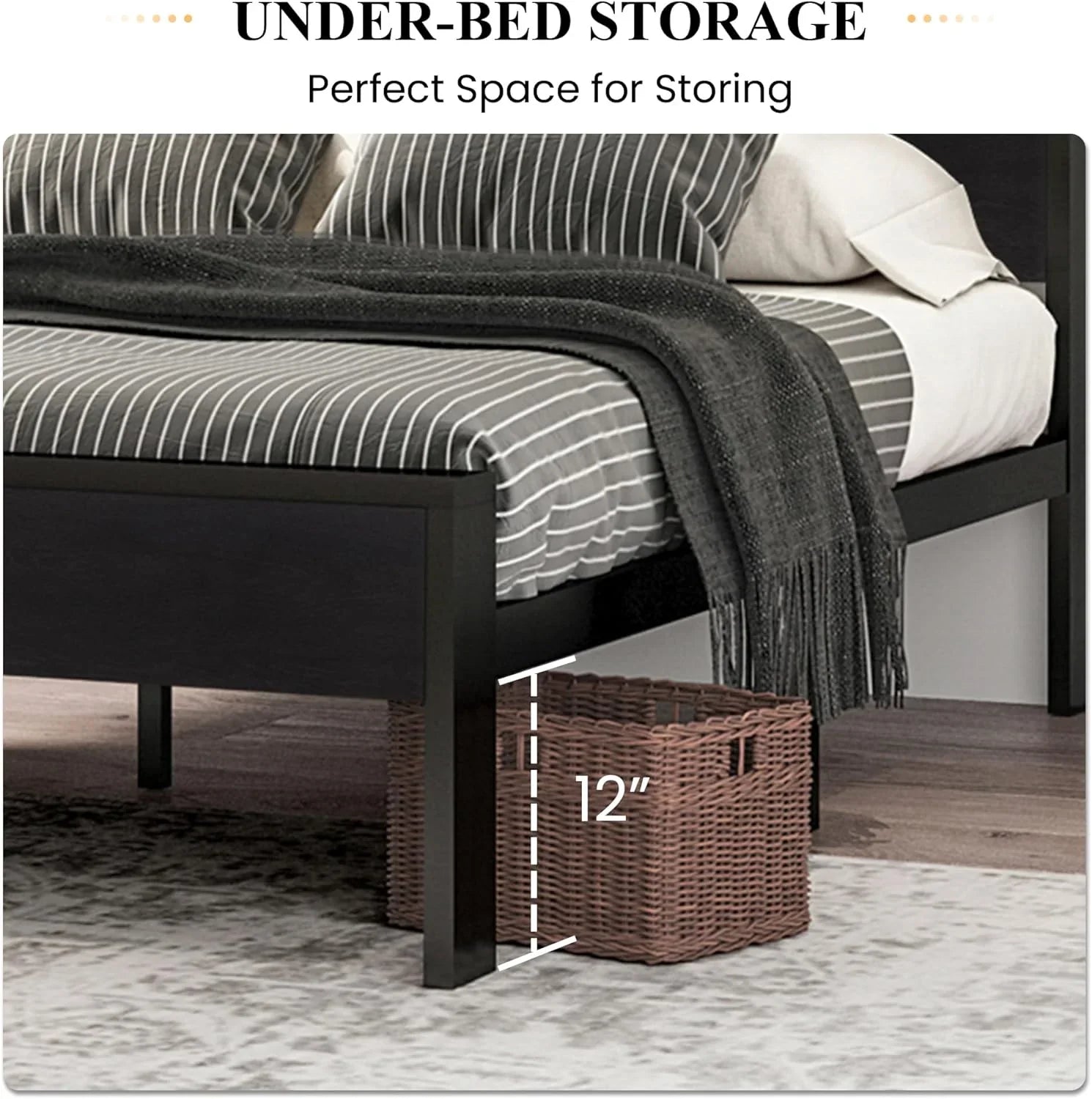 Cadre de lit plateforme en métal SHA CERLIN 14" Queen, antidérapant et silencieux, chêne noir