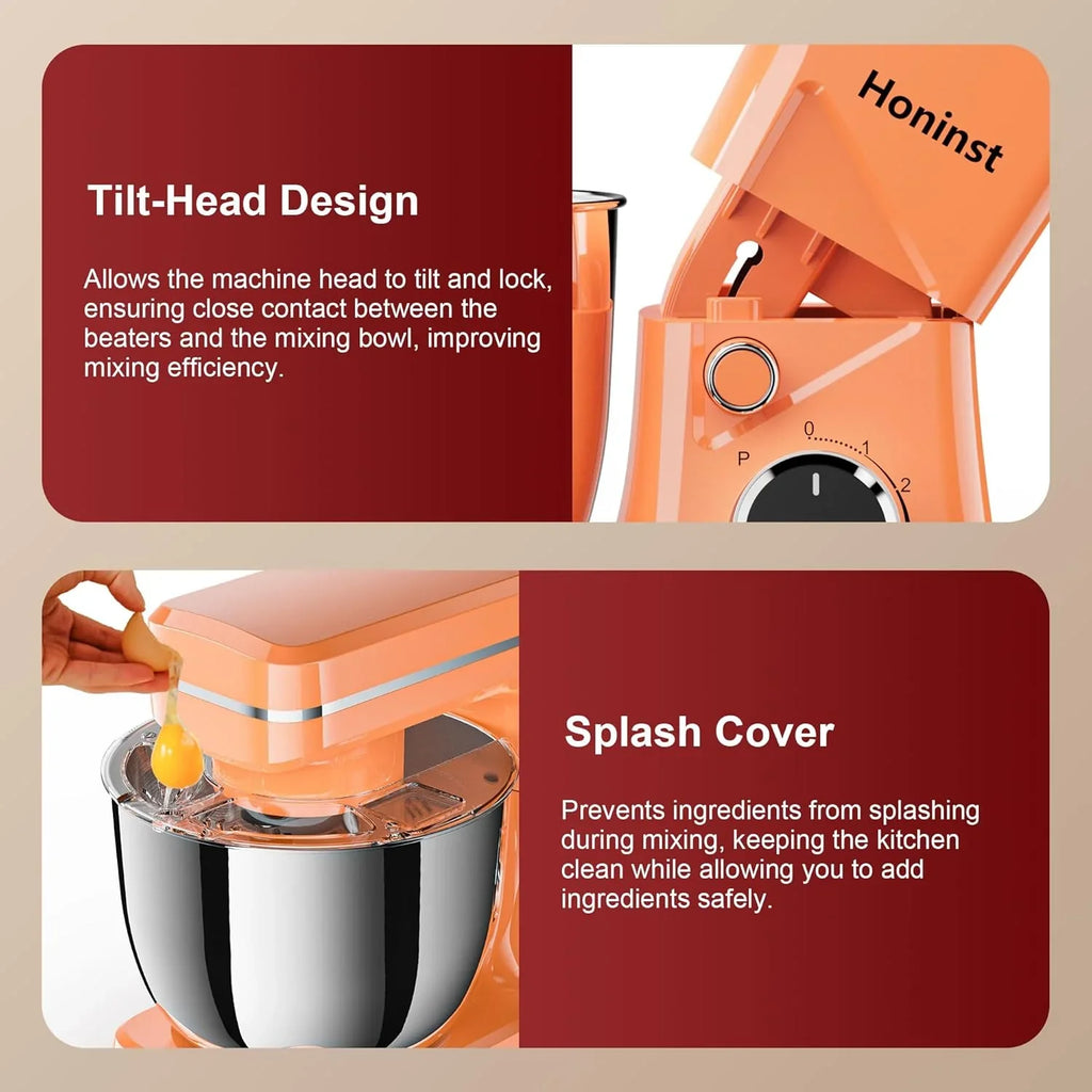 Batteur sur socle 10 vitesses avec protection anti-éclaboussures 8 en 1, tête inclinable, bol en acier inoxydable de 6 litres + crochet pétrisseur/fouet/mixeur/grattoir lavable au lave-vaisselle