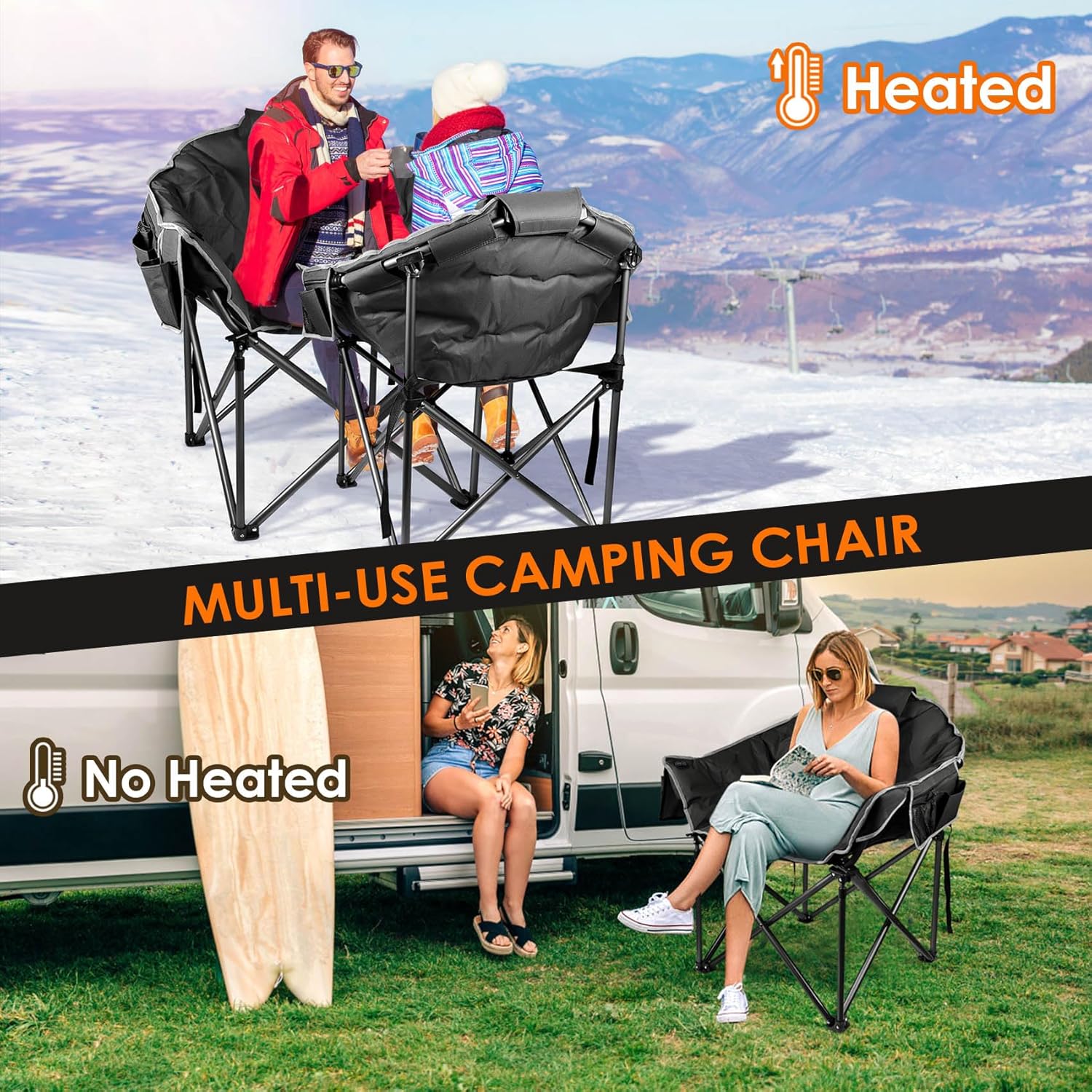Chaise de camping chauffante, chaise de sport d'extérieur extra large avec 3 niveaux de chaleur sur le dossier et l'assise, chaise d'extérieur chauffante pliante portable (piles non incluses)