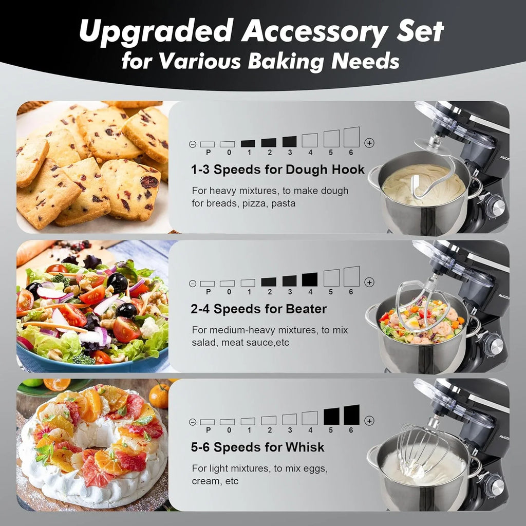 Batteur sur socle Aucma, 6,5 pintes, 660 W, 6 vitesses, tête inclinable, batteur électrique de cuisine avec crochet pétrisseur