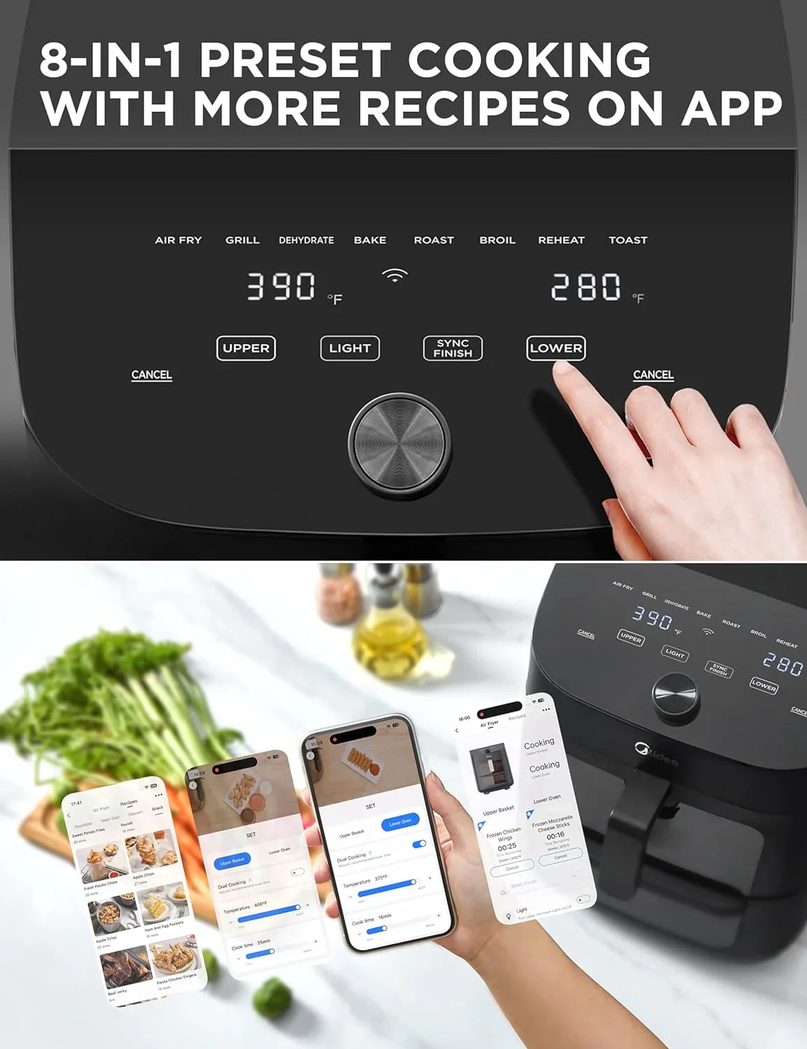 Friteuse à air double panier 11 pintes 8 en 1 avec fenêtre transparente