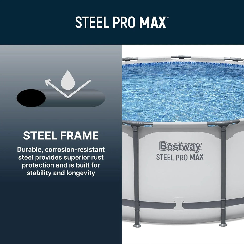 Piscine hors sol extérieure ronde Steel Pro MAX de 4,2 m x 122 cm avec cadre métallique et pompe de filtration de 1 000 litres, échelle et bâche