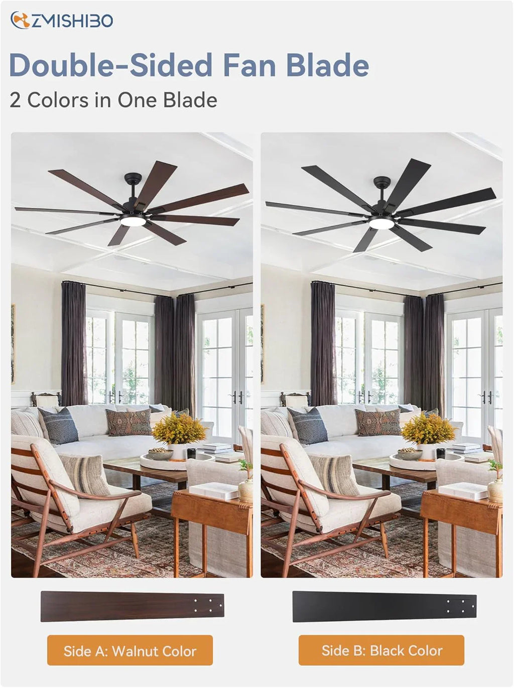 Grand ventilateur de plafond Zmishibo de 72 pouces avec éclairage et télécommande intérieur/extérieur