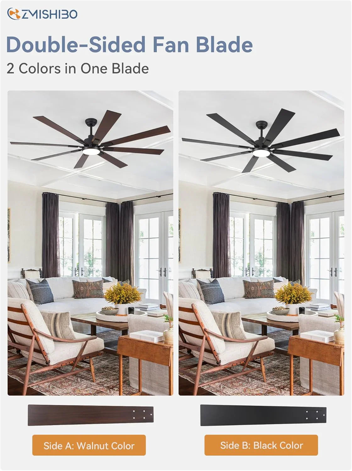 Grand ventilateur de plafond Zmishibo de 72 pouces avec éclairage et télécommande intérieur/extérieur