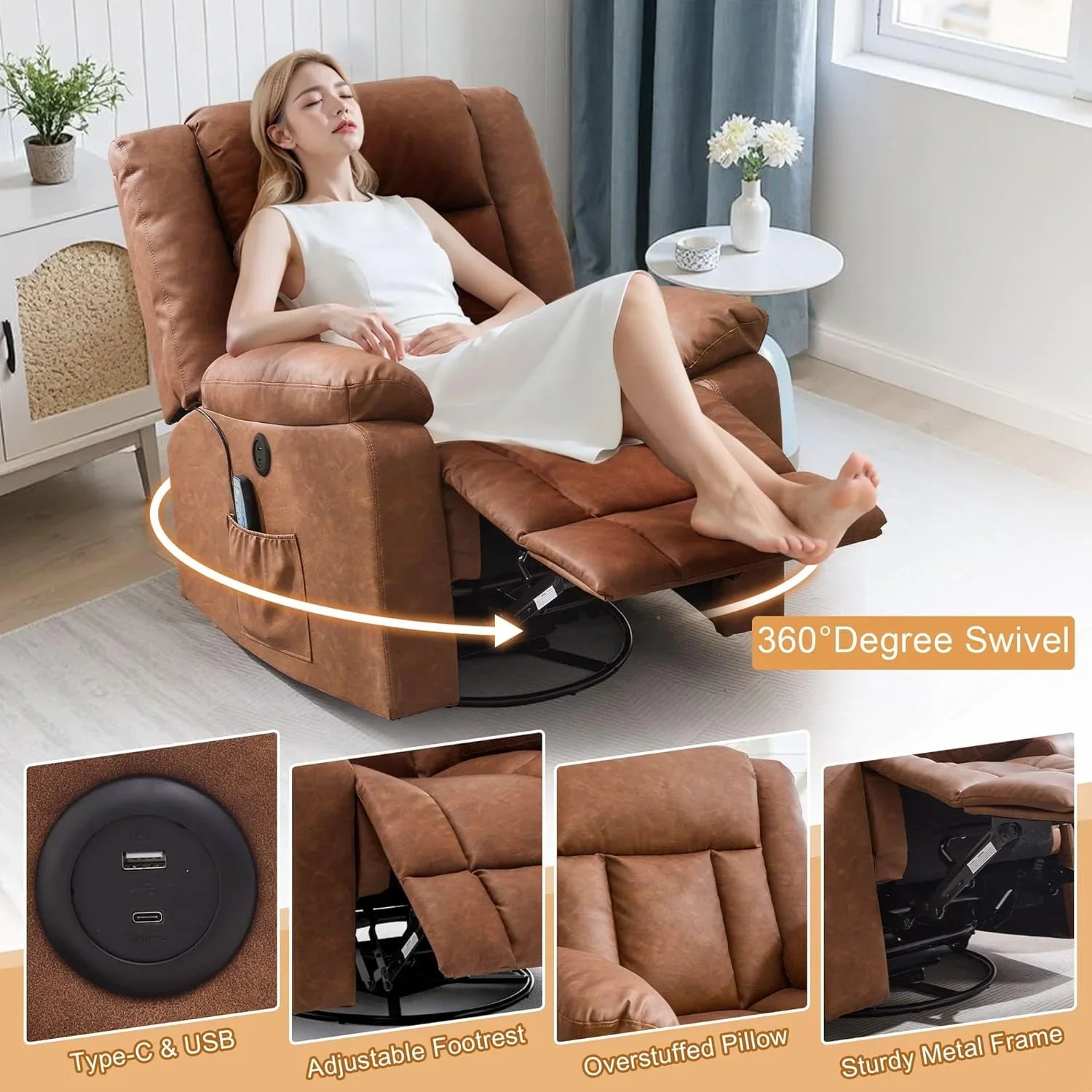 Fauteuil à bascule pour adulte, fauteuil inclinable coulissant, fauteuil à bascule rotatif à 360° avec fonction massage et chauffage