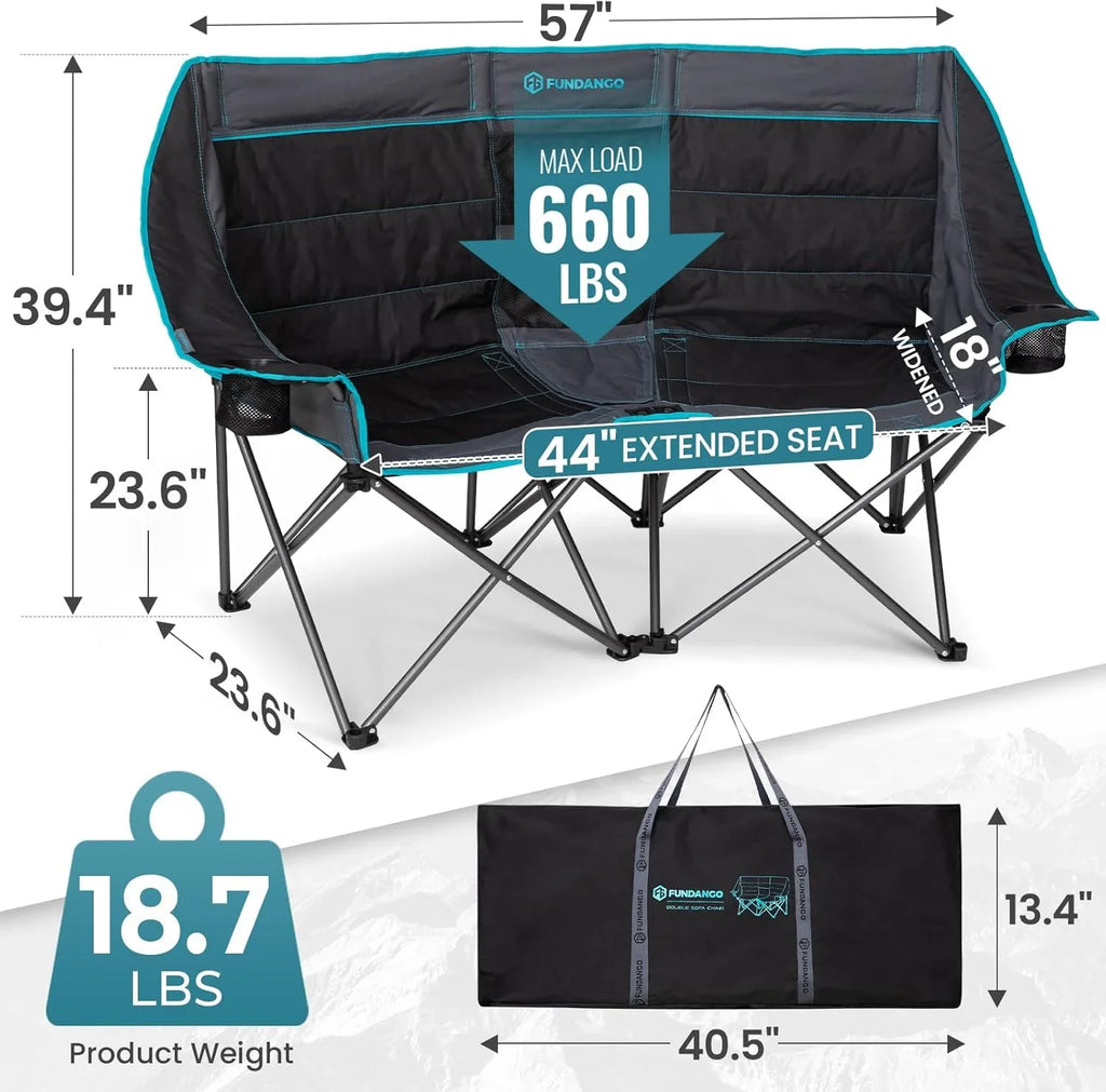 Chaise de camping double avec glacière Chaise de camping pliante extra large pour 3 personnes avec capacité de charge de 1 000 livres