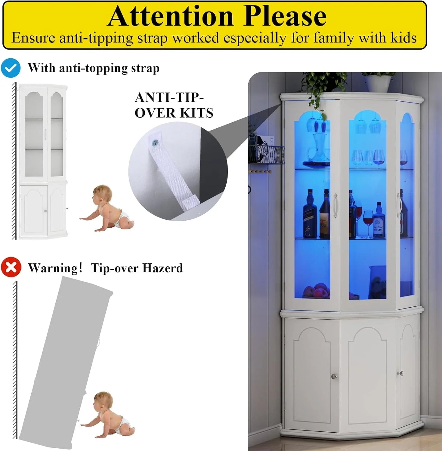 Armoire à vin d'angle avec éclairage LED, grande armoire à vin moderne, armoire de rangement à vin pour bar à domicile