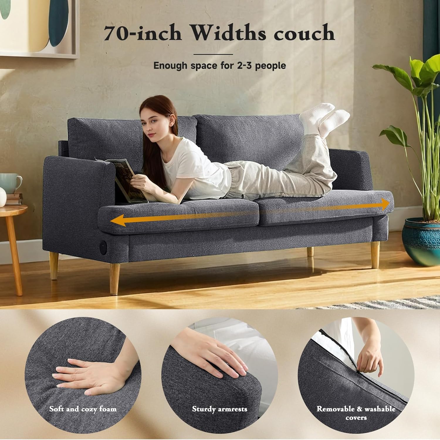 Canapé causeuse de salon avec port USB Type-C - Petit canapé rembourré gris foncé de 70 po