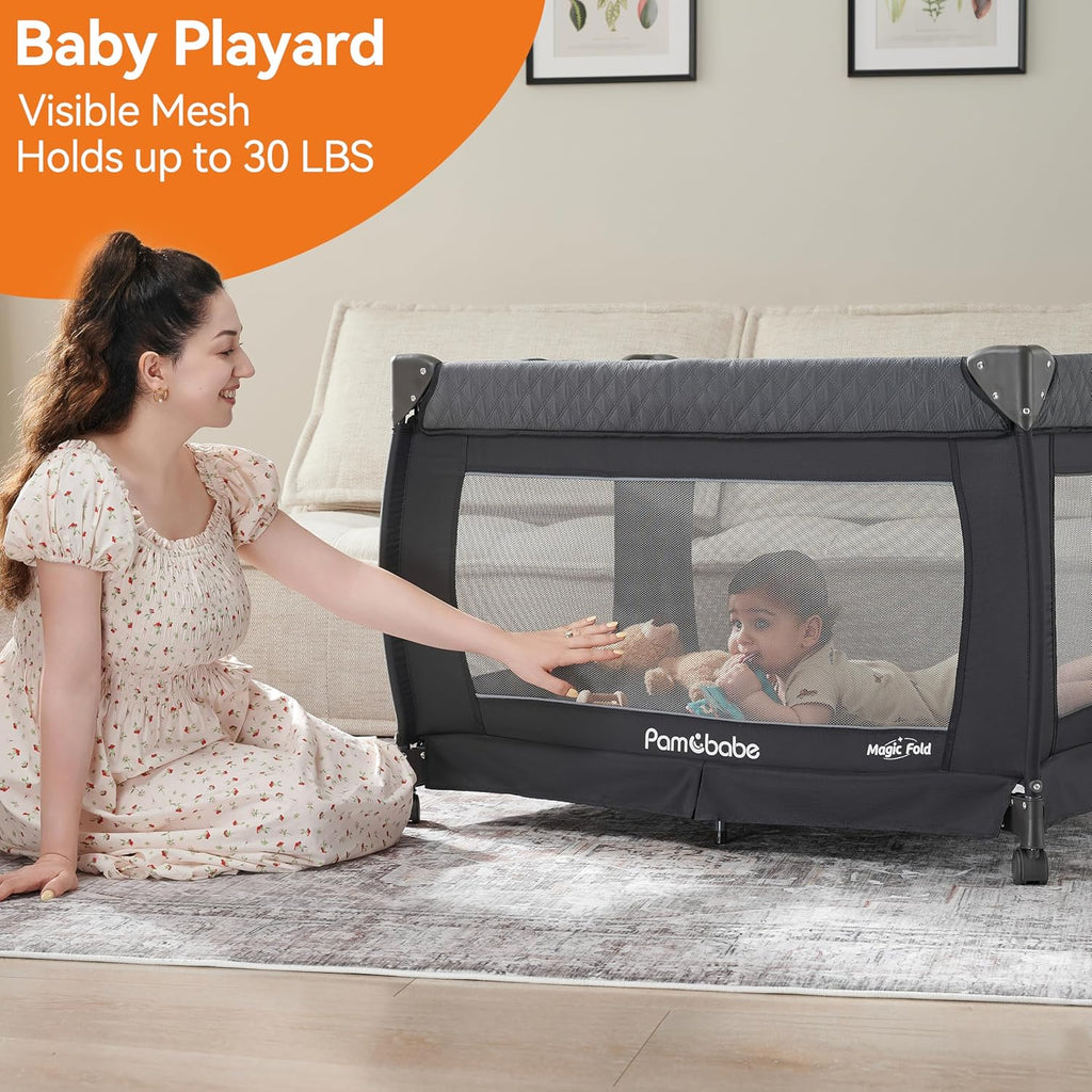 Parc pour bébé Pamo Babe - Le cadre en acier robuste offre un espace de couchage sûr et un berceau portable