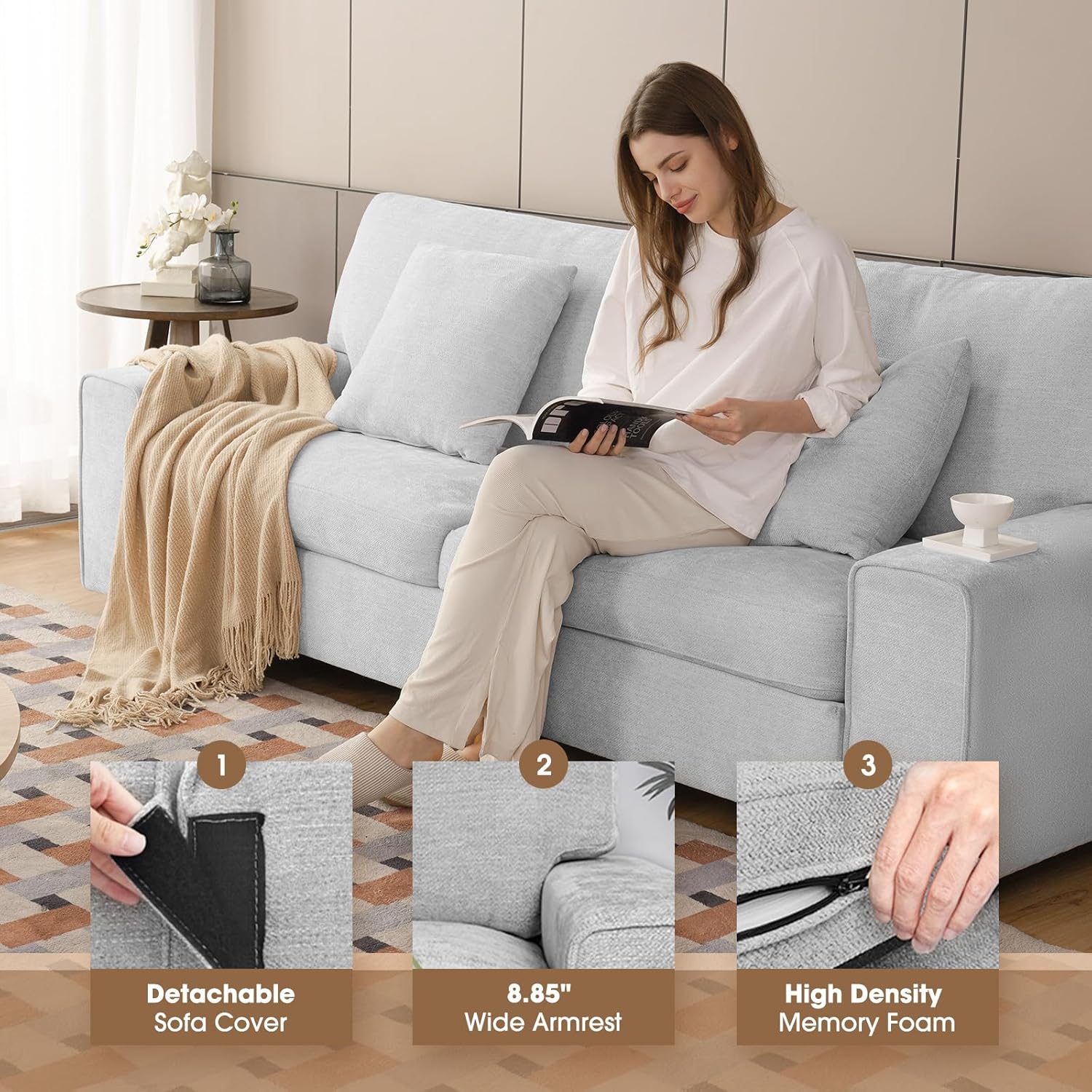 Canapé double de salon DOPEDIO, fauteuil en chenille, amovible, structure en bois massif