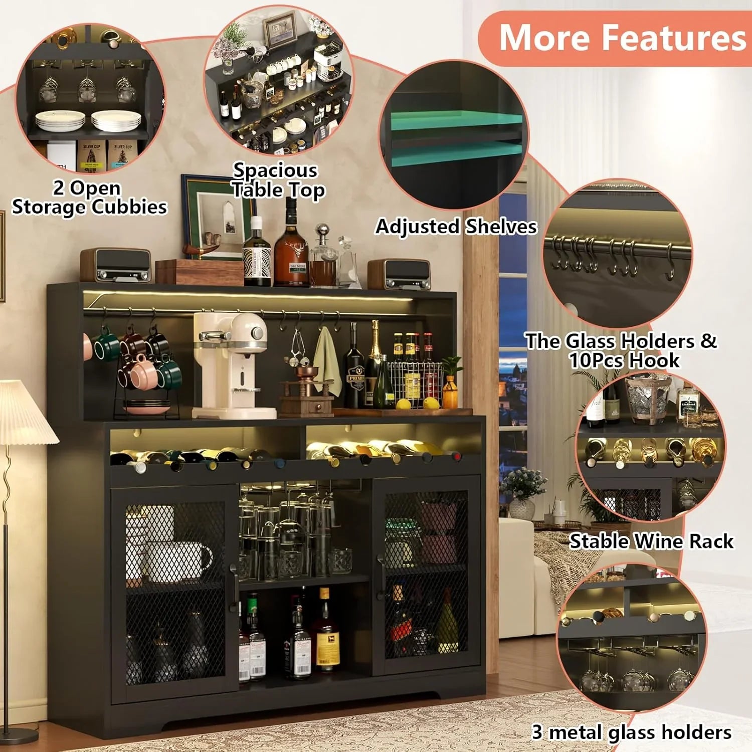 Bar à vin avec éclairage LED, meuble à liqueur avec porte-verres, bar à café pour liqueurs, buffet de rangement avec casiers à vin, armoire à vin