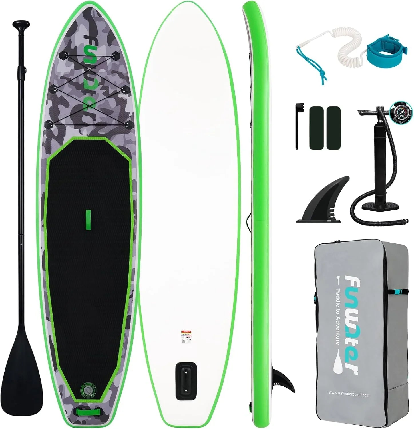 Planche de stand up paddle gonflable FunWater avec accessoires de pagaie SUP haut de gamme, pont EVA antidérapant, pagaie 11'/10'6'
