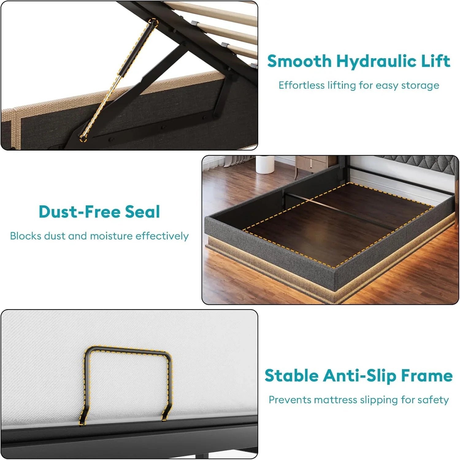 Cadre de lit Queen size avec rangement, hydraulique, sans sommier, lattes en bois