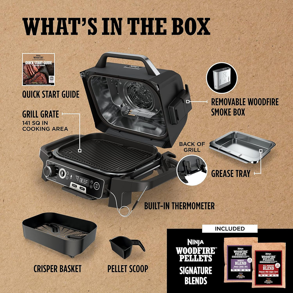 Barbecue d'extérieur OG751 Woodfire Pro avec thermomètre intégré, gril 7 en 1, fumoir et friteuse à air d'extérieur