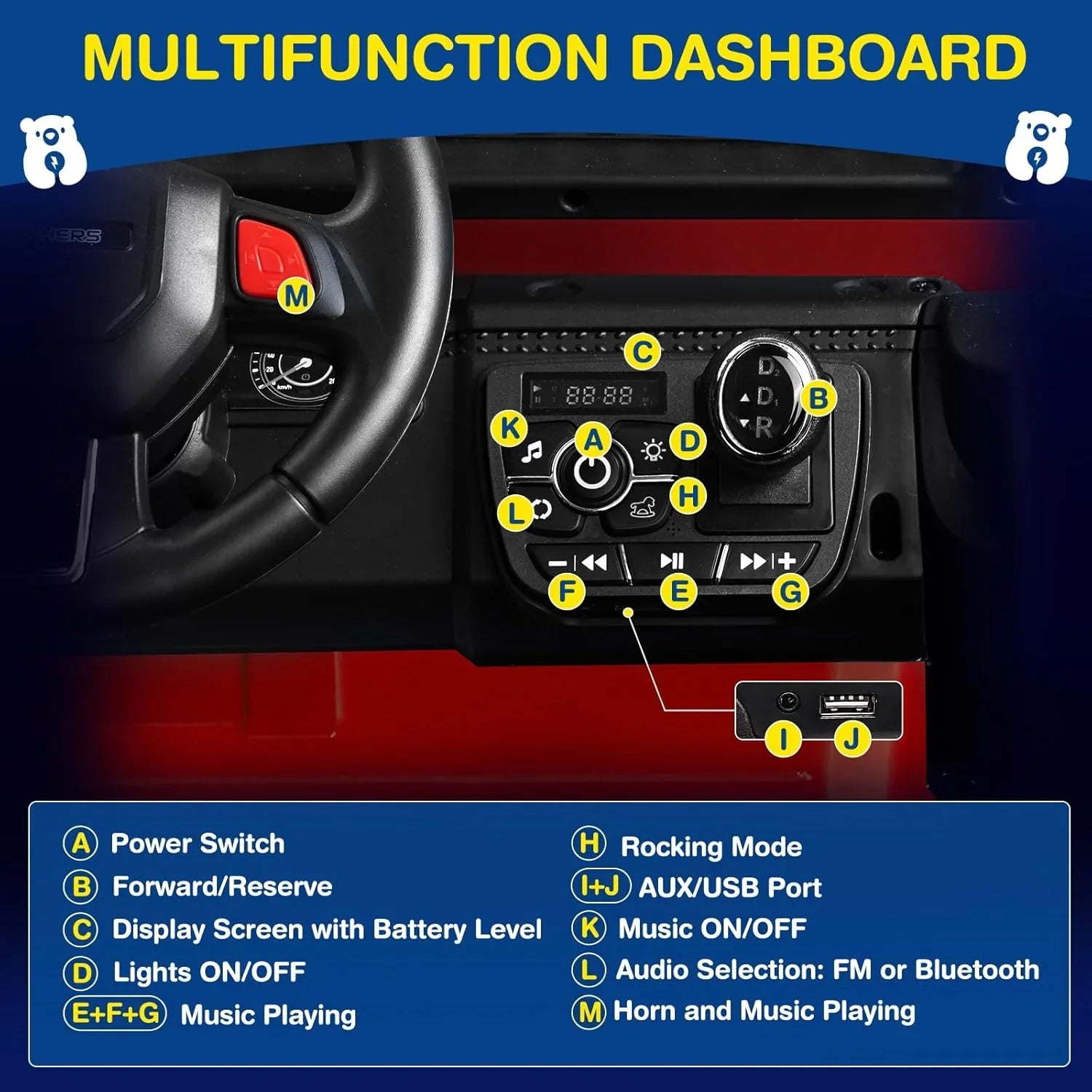Trottinette électrique L8 pour enfants, 2 places, 12 V, avec télécommande, suspension à 4 roues et haut-parleur Bluetooth.