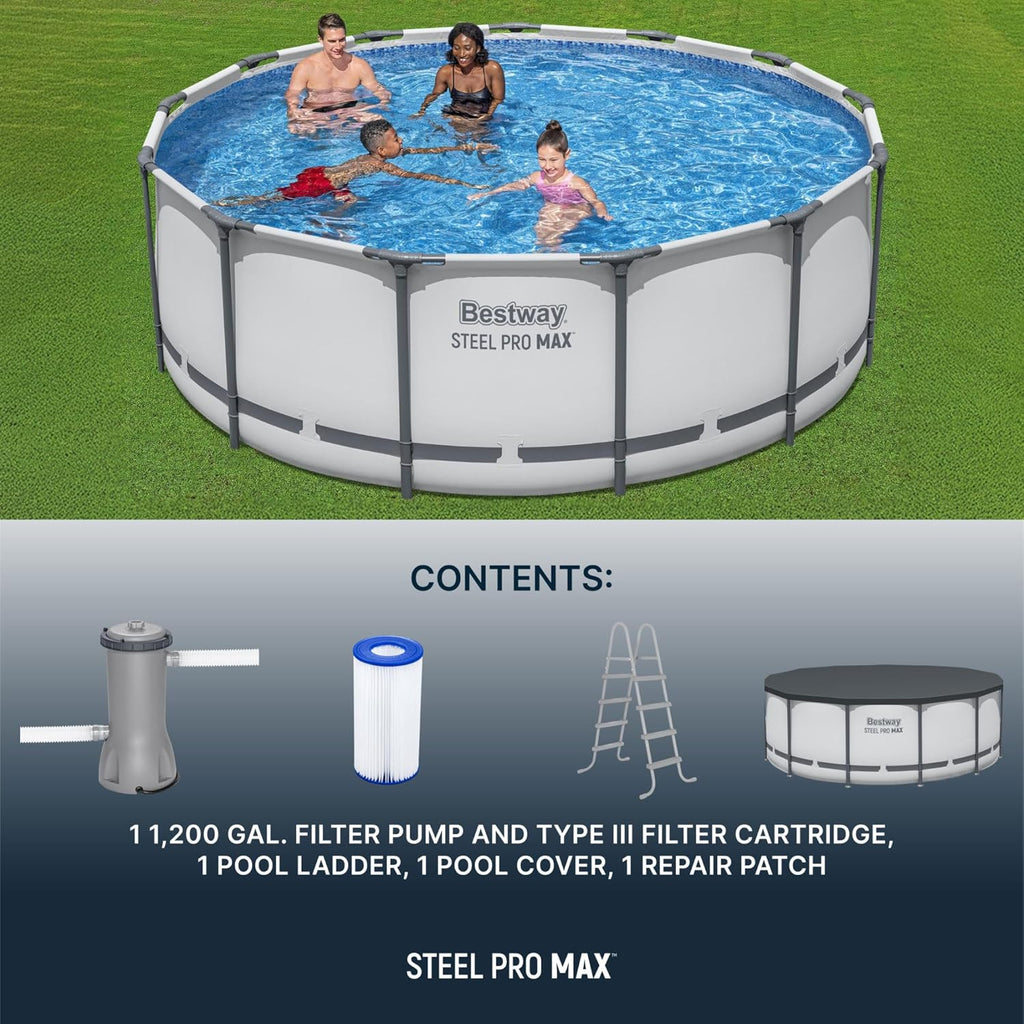 Piscine hors sol extérieure ronde Steel Pro MAX de 4,2 m x 122 cm avec cadre métallique et pompe de filtration de 1 000 litres, échelle et bâche