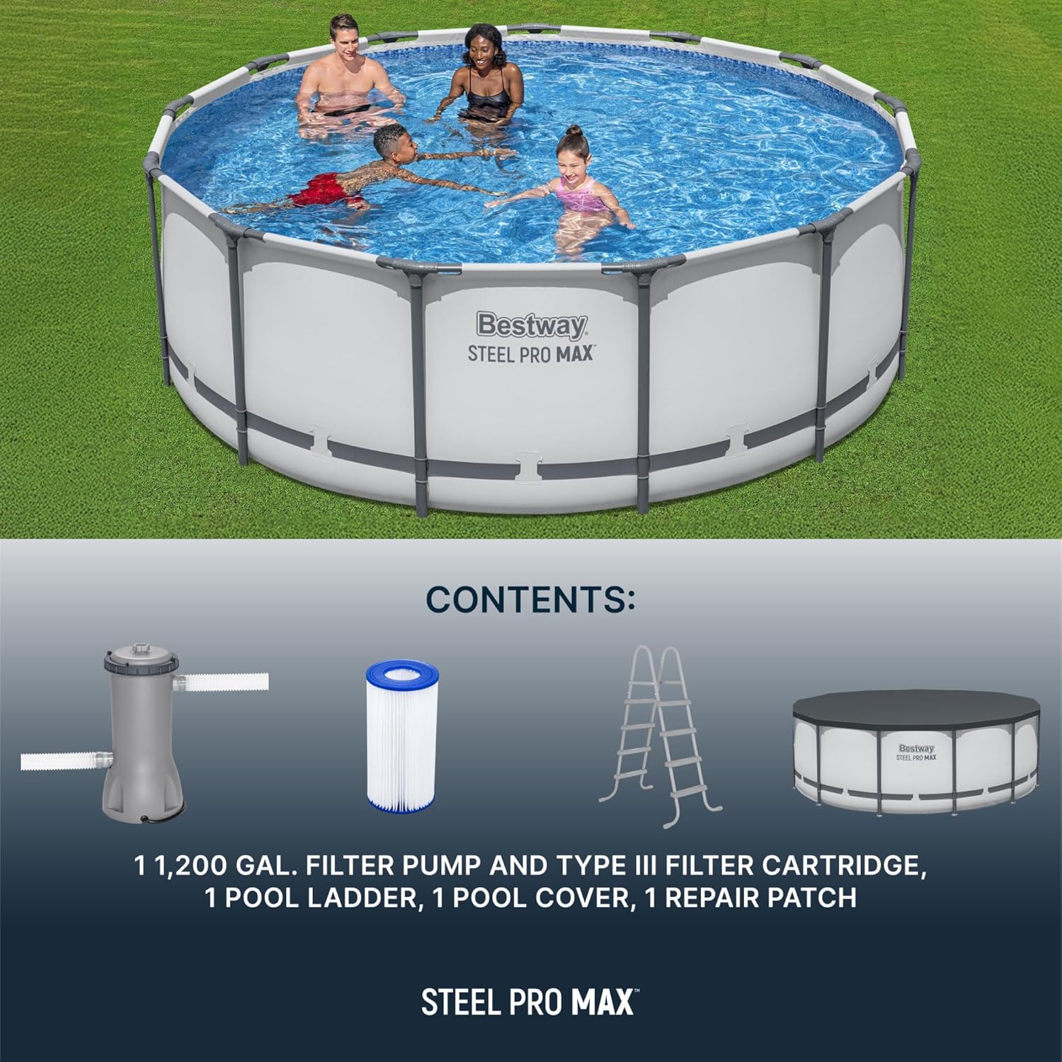 Piscine hors sol extérieure ronde Steel Pro MAX de 4,2 m x 122 cm avec cadre métallique et pompe de filtration de 1 000 litres, échelle et bâche