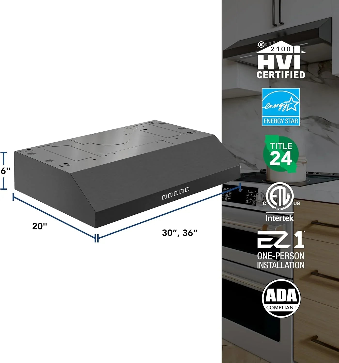 Hotte de cuisinière sous-armoire Broan-NuTone Glacier à trois vitesses avec éclairage DEL, conforme aux normes ADA