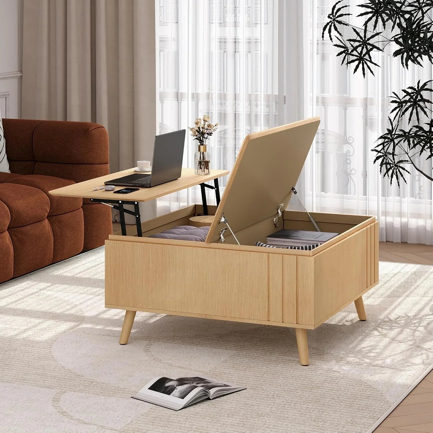 Table basse ronde avec rangement, table centrale encastrée avec portes coulissantes