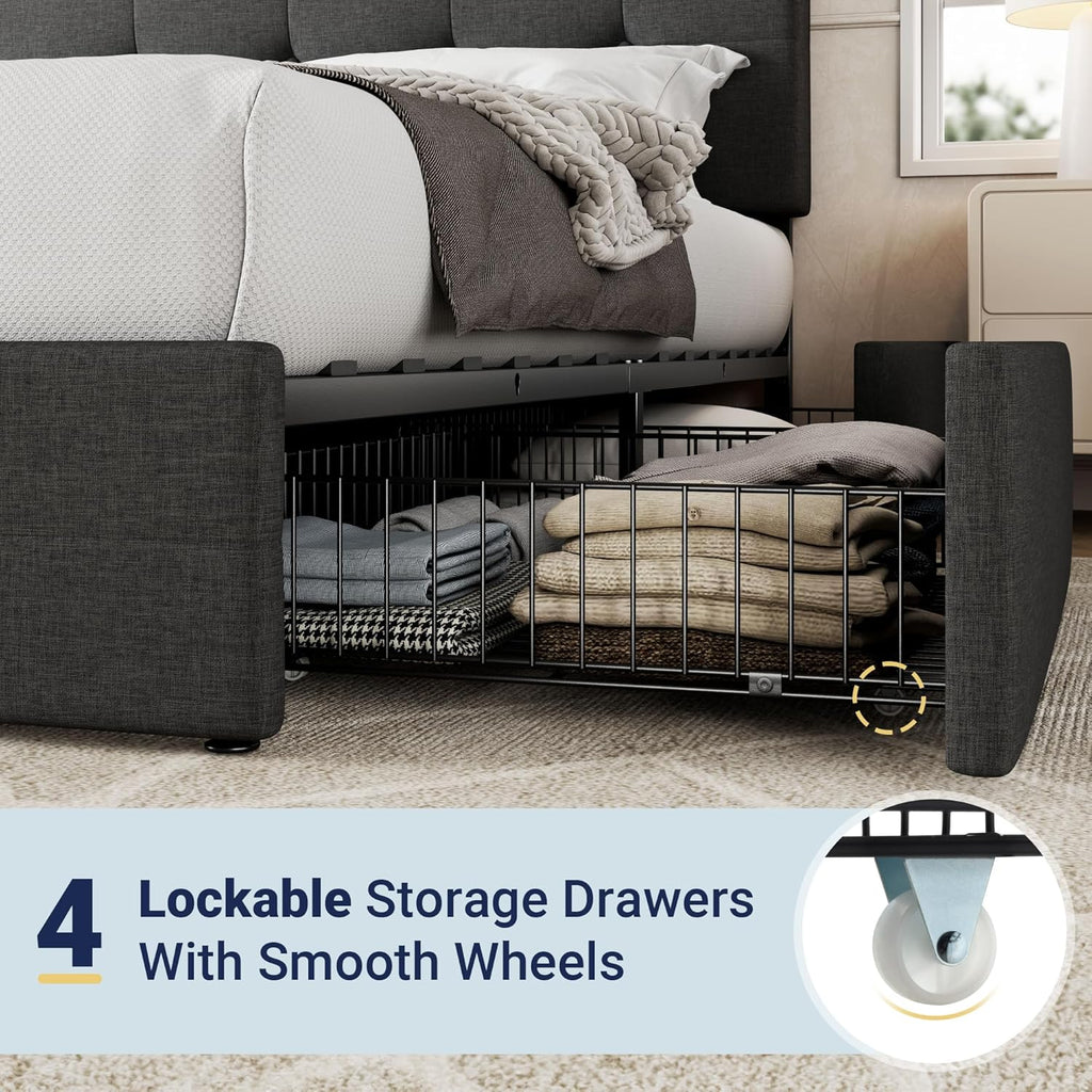 Cadre de lit plateforme Allewie rembourré Queen Size avec 4 tiroirs de rangement et tête de lit, capitonné à boutons à coutures carrées, sommier à lattes en bois, pas besoin de sommier.