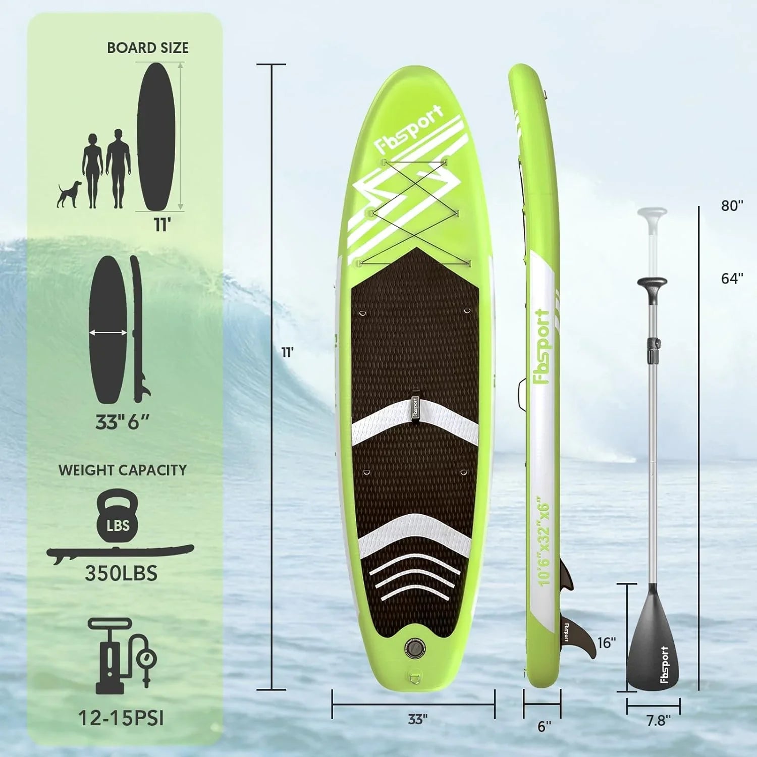 Planche de stand up paddle FBSPORT Premium 11', planche de yoga, contrôle du surf, pont antidérapant, attache, pagaie et pompe