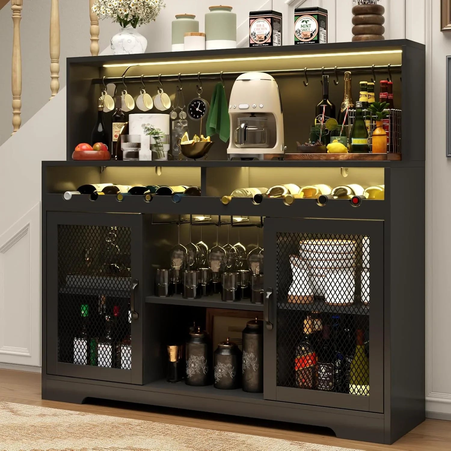 Bar à vin avec éclairage LED, meuble à liqueur avec porte-verres, bar à café pour liqueurs, buffet de rangement avec casiers à vin, armoire à vin